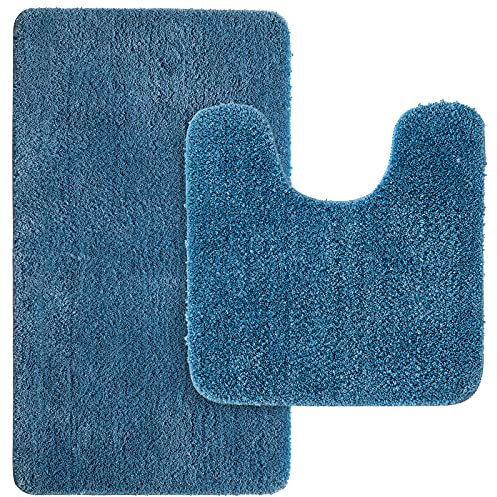 MIULEE Badematte Duschvorleger Badvorleger Flur 2er Set rutschfest Matte Teppiche Badteppich Badezimmerteppich Waschbar Saugfähig für Bad Wohnzimmer 40x60 cm und 45x45 cm mit Ausschnitt Blau