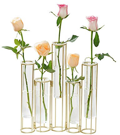 Radefasun Hinged Flower Vases with 5 Test Tubes Glass Flower Vase with Metal Stand Can be Bent and Contorted Propagation Station Plant Display Holder Set for Home Wedding Décor
