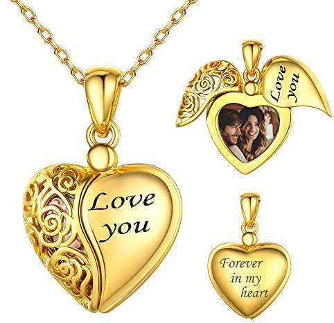 SILVERCUTE Damen personalisiert Rose Medaillon zum Öffnen 18k vergoldet Photo Bild Amulett 925er Silber Herz Anhänger Halskette Foto Kette Herzanhänger Schmuck für Frauen