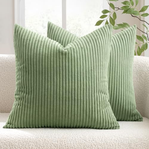 MIULEE Set of 2 Striped Corduroy Square Throw Pillow Case Soft Cushion Covers Sham Home for Sofa Couch/Bedroom Decorative Fluffy Large Pillowcases 24x24 Inch 60x60cm Sage Green