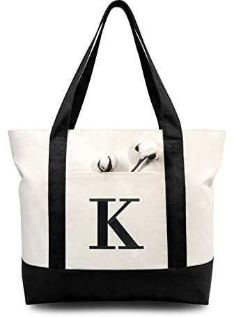 TOPDesign Embroidery Initial Canvas Tote Bag, Personalized Present Bag, Suitable for Wedding, Birthday, Beach, Holiday, is a Great Gift for Women, Mom, Teachers, Friends, Bridesmaids (K)