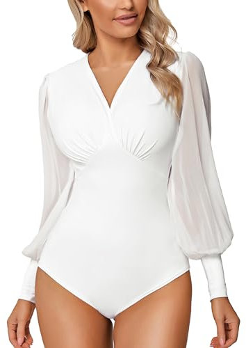 Litherday Damen Bodys Langarm Bodysuit für Damen Sexy Figurenformend Elegant Bodies Casual Langarmshirt Overall Blusenbody Top mit Durchsichtigen Laternenärmeln und V-Ausschnitt, Weiß, L