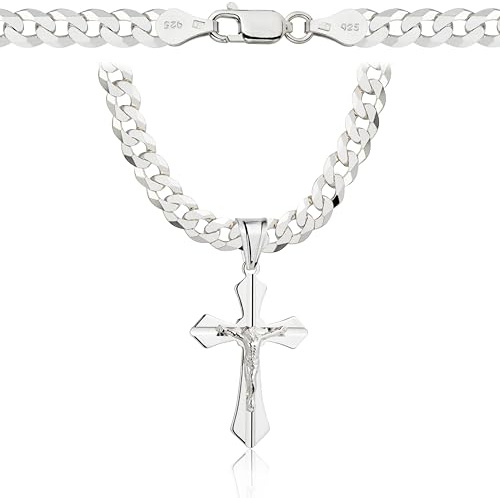 AMAR Chaîne pour homme en argent 925 avec croix de 55 cm, chaîne gourmette en argent 925, bijoux royaux, qualité italienne