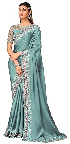 TRENDMALLS Sari brodé en soie pour femme avec bordure lourde sans couture, gris, taille unique