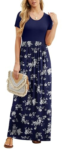 GRECERELLE Womens Maxi Dress Summer Casual Ladies Short Sleeve Crew Neck Long Dresses with Pocket for Daily, Holiday, Travel, Maternity (Blue Small Flower, M)