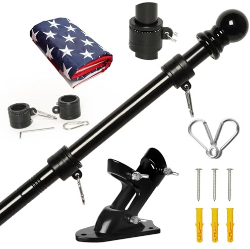 5 fot flaggstång med fäste och 3 x 5 broderad amerikansk flagga, professionellt rostfritt stål inget trassel snurrstång och flaggstång kit med fäste för bostäder eller kommersiella