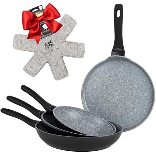 KARL HAUSMANN Lot de Poêles Induction 20+24+28 cm + Poêle à Crêpe - Set de Poele Granit Antiadhésives pour Tous Types de Cuisinières - Poele Sans Teflon et Sans PFAS - Aluminium Léger - Poêle à Frire