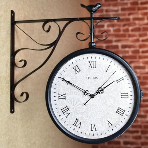 ZYJIX Relojes Industriales De Doble Cara: Reloj De Pared para Jardín Al Aire Libre, Reloj De Estación De Tren Vintage con Soporte De Estación Reloj Colgante De Hierro Forjado, Rotación De 360 °