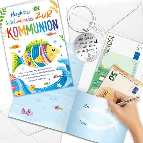 DPKOW Kommunion Geschenk för Jungen Mädchen, Karte Geldgeschenk Kommunion Schlüsselanhänger Geschenkidee, Kommunion Karte med Umschläg Kleine Geschenk zur Kommunion