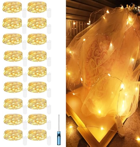 Hopelit 18 Stück 2 Meter 20 LEDs Lichterkette Außen Silberdraht mit CR2032 Batterie, LED Lichterkette Batterie für Weihnachtsbaum, Halloween, Hochzeit, Balkon Geschenkdeko - Warmweiß