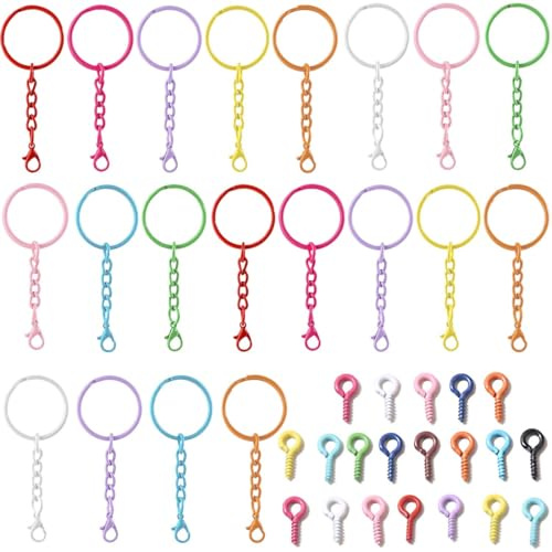 IBXWMNG Anneau Porte Clé, 20 Attache Porte Clef Anneaux Keychain avec Chaîne Fermeture à Mousqueton et 20 Épingles À Vis pour Artisanat DIY Bricolage
