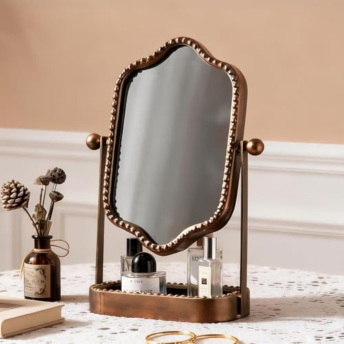 HuiDao Vintage Makeup Mirror with Tray, 360° Rotatable Antique Table Vanity Mirror with Stand, Metal Retro Desktop Dressing Mirror for Home Decor, Countertop, Bedroom, Bathroom, Living Room