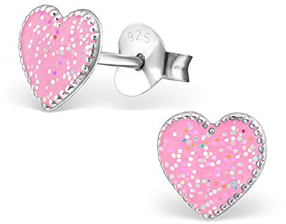 Glitzer Rosa Herz Ohrstecker 925 Echt Silber Ohrringe Mädchen Kinder