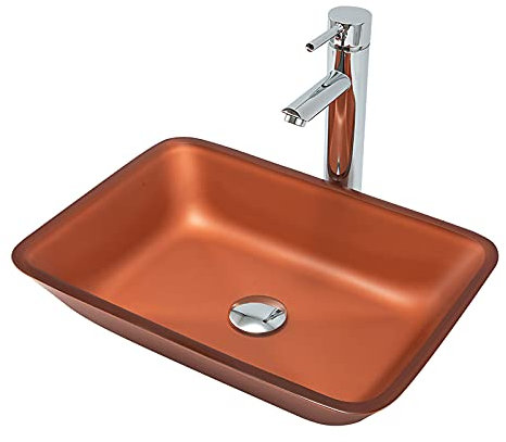 SHUGUANG Lavabo Vasque en Verre Trempé, Mat Vasque à Poser en Verre Trempé Rectangle Lavabo Lave-Mains Artistique Lavabo Vasque a Poser avec Robinet Chromé Laiton, 460×330×110mm,Orange