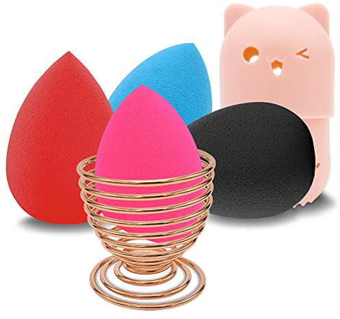 Makeup Sponge Holder Set,Makeup Blending Sponge Storage Drying Rack and Cute Silicon Sponge Carrying Travel Case with 4 Pieces Makeup Sponge Egg for Liquid and Powder