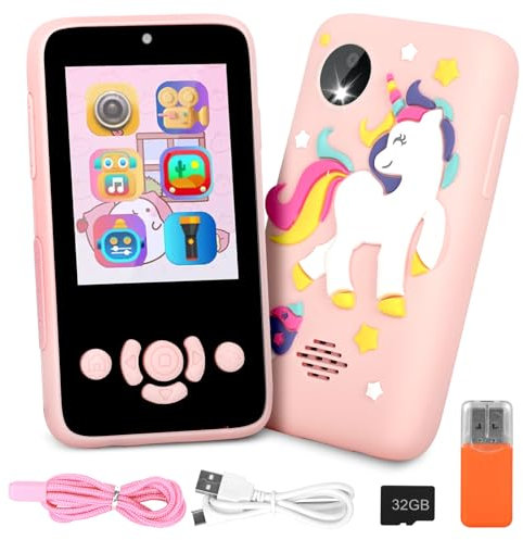 HIGSPE 2.4 Licorne Appareil Photo Enfant Numérique, 1080P HD Double Caméra Faux Telephone Enregistrable Vidéo, Camera Enfant avec 32GB TF Carte, Téléphone de 6 à 12 Ans Filles Garçons