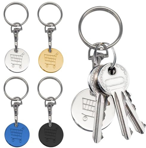 IBXWMNG Set 4 Gettoni Carrello Spesa con Portachiavi, Chiavi per Carrello Spesa, Chip per Carrello, Gettoni Spesa Rimovibili