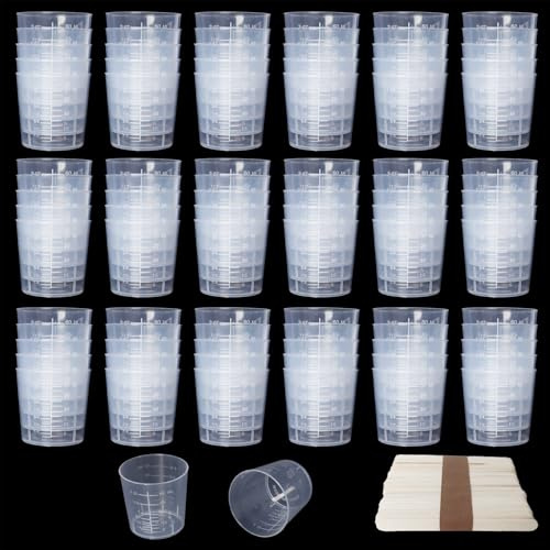 Klmnop 105 Pack Plastic Mixing Cups, 60ml/2oz Disposable Scale Cups with 100 Wooden Mixing Sticks for Mixing Paint, Stain, Epoxy and Resin(Clear)