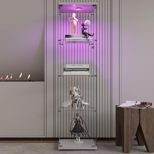 Liuyoyo Glasskydd med LED-belysning, 4 hyllor och en dörr för inomhusbruk, modern stående glasdisplay, vit display för vardagsrum, sovrum, kontor (vit, 1 dörr på 4 hyllor)