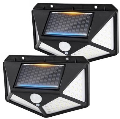 GRIFEMA Luz Solar Exterior para Jardín con Sensor de Movimiento, Focos LED Exterior Solares, Lámpara de Pared Solar Impermeable 100 LEDs, 3 Modos, Ángulo 270°, IP65, Batería 800mAh, Pack de 2