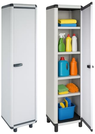 PALUPLUS Ripostiglio a 1 Anta in Resina di colore Grigio, Misura 39x39x175 cm, Armadio Alto con 5 Ripiani Multiuso, Mobile da esterno con piedini antiscivolo, Made in Italy -012F