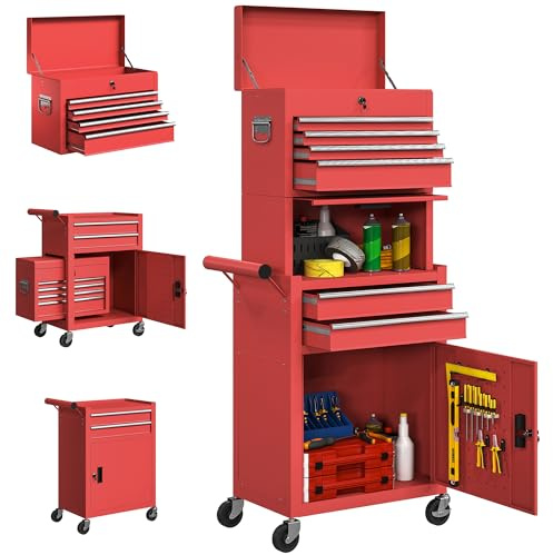 HOMCOM Lockable Tool Cabinet, 3-in-1 Rolling Tool Chest Combo with 6 Drawers and Pegboard, Detachable Steel Tool Storage Cabinet for Garage and Workshop, Red