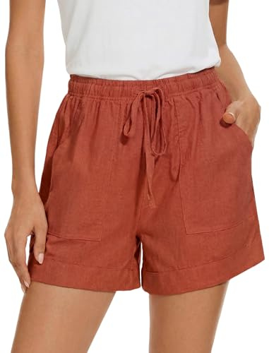 Enmain Pantalones Cortos Mujer Verano Lino Pantalon Corto Algodon Mujer Fluido Bermudas Cintura Elastica Shorts para Playa Deporte Trabajo Naranja XL