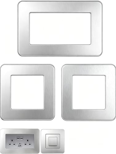 Double Socket Surround & Light Switch Surround,3-Pack Silver Matte Acrylic Cover Plates, Self-Adhesive Decorative Frame for Wall, Easy No Drill Installation (14.6cm x 8.6cm & 8.6cm x 8.6cm)