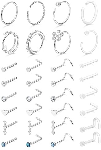 Diamday 32Pcs Nose Ring Surgical Steel Nose Piercing Set 18G 20G | Hypoallergenic Clear Nose Stud Retainer L Shape/Straight/Corkscrew Nose Rings Hoops Nostril Piercing for Women Men