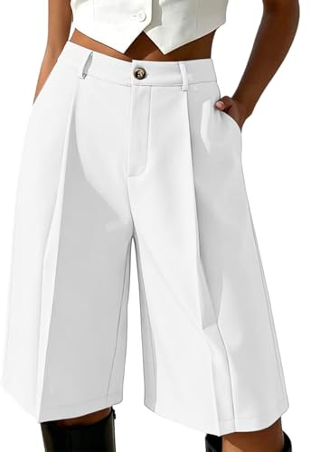 Générique Bermuda Chic Femme Taille Haute Short Long Plissé Fluide avec Poches Jupe Culotte Ample Bouton Costume Élégant Coupe Droite Vêtement Mode Décontracté pour Bureau Travail Rendez-Vous