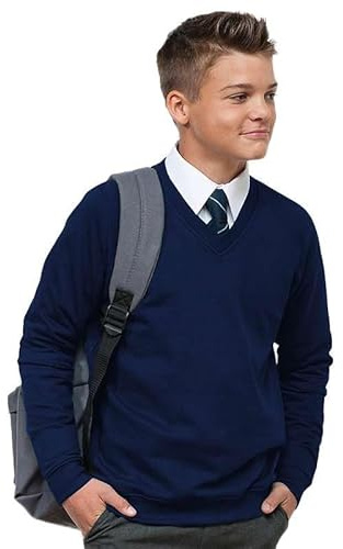 V Neck School Jumper, Boys & Girls Unisex Fleece Sweatshirt, Ages 3-18 | ribbed v-neck school jumper, soft brushed fleece, 8 school colours incl. black, navy, grey, green, ages 3-18 plus adult S-M