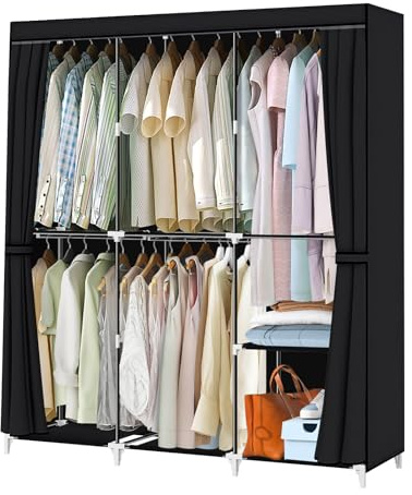 HESMENO Portable Wardrobe Portable Closet for Hanging Clothes Closet with Five Hanging Rods Non-woven Fabric Cover Black