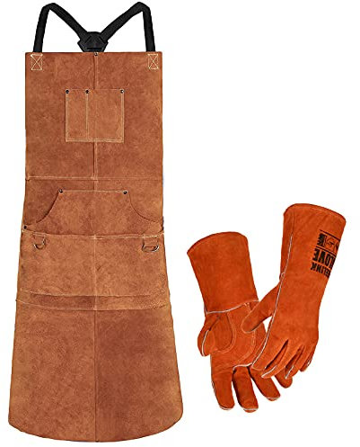 QeeLink Leather Welding Apron with Gloves for Men and Women, Work for Carpenter, Woodworker with 6 Pockets, Adjustable M to XXL