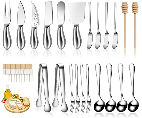 Silver Cheese Knife Set For Charcuterie Board Accessories, Stainless Steel Cheese Slicer And Butter Spreader knives Kit With Serving Tongs, Spoons, Forks, Flags Cheese Markers, Honey Dipper (23 Pack)