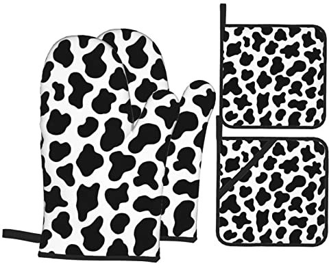Lot de 4 maniques et maniques à motif vache - Résistantes à la chaleur - Avec gants de four et maniques chauffantes - Pour la cuisine, la cuisine, la cuisson, le barbecue - Antidérapantes
