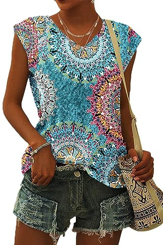 WNEEDU T-Shirt Damen Sommer V Ausschnitt Tank Top Locker Bluse Oberteile Top Sommer Damen Leicht und Luftig mit Flügelärmeln Blumengrün XXL