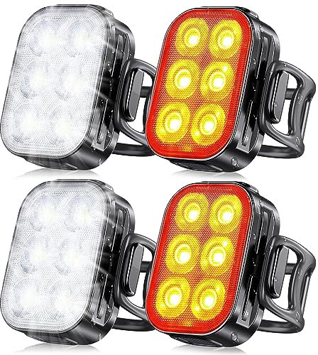 Glangeh 2 uppsättningar ultratunna LED-cykellampor, USB-uppladdningsbara och vattentäta IP65 cykel ljus fram och bak, 4 + 6 lägen för cykel belysning för nattridning, camping