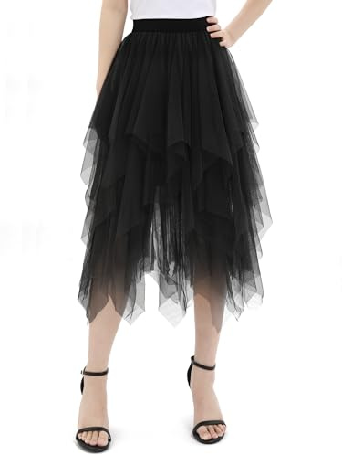 zffriction Donna Gonna Lunga in Tulle a Vita Alta Elastica Irregolare Estiva, per Quotidiana, Carnevale, Party (IT, Testo, Taglia Unica, Regular, Nero)