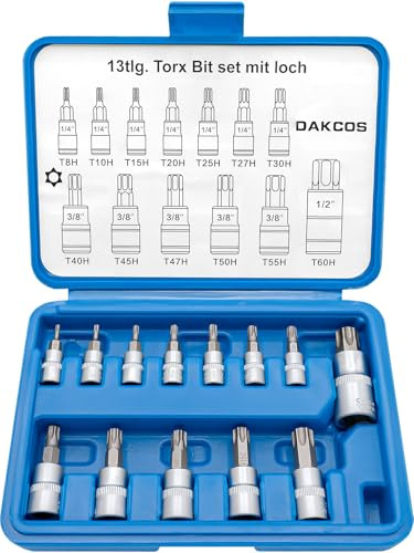 DAKCOS 13tlg Torx Bit Set Steckschlüsselsatz T8H -T60H, Torx Bit Satz 1/4, 3/8, 1/2, T-Profil mit Bohrung aus CR-V