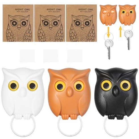 3Pcs Magnetic Key Holder, No-Punch Wall Key Hook Storage, Keyhook Storage Ornament Owl Key Holder, Wall Mounted Owl Keychain Holder 3 Color, Key Storage at The Entrance of The Foyer