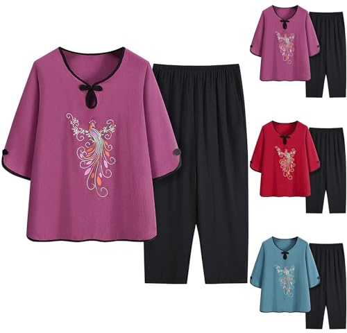 Oplxuo Women Tang Suit Chinese Cheongsam Shirt Capri Pants Sets, Frog Button Embroidery Tai Chi Clothing Kung Fu Clothing