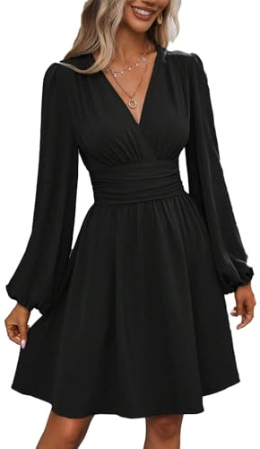 UUAISSO Vestito Casual da Donna Manica Lunga Vita Alta A Line Abiti Avvolgenti Scollo a V Midi Dress Nero L