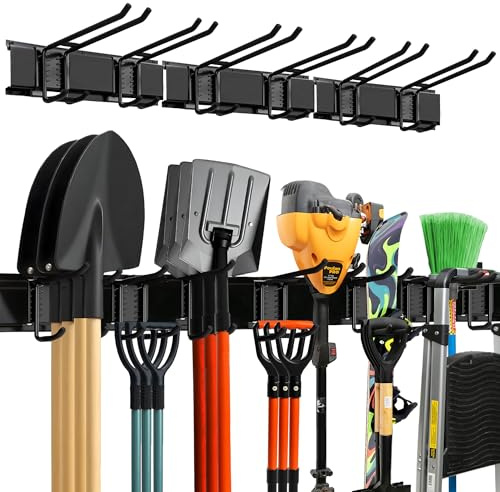 TIDYME Garage Wall Organizer | 48 Heavy-Duty Tool Storage Rack | Adjustable Double-Layer Hooks | 300 lbs Capacity | Carbon Steel Wall Mount Holder for Shovels, Rakes, Ladders & Power Tools