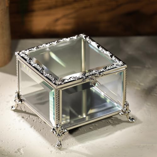 DHCGPP Rectangular Vintage Glass Jewelry Box with Hinged Lid,4.6x4.6x3.2Inches, Keepsake Box Storage for Rings,Trinket and More (silver)