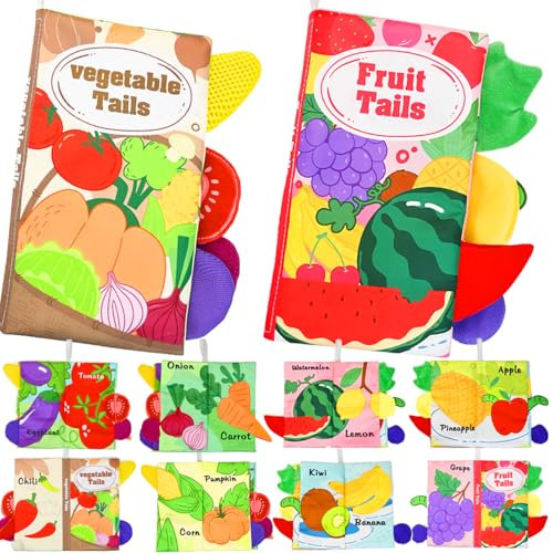 2 Stück Baby Stoffbuch, Soft Waschbar 3D Bilderbuch Stoffbücher Spielzeug ab 3 6 12 18 Monate Fühlbuch Knisterbuch mit Schwanz Baby Bücher Quiet Book für Jungen Mädchen (Früchte + Gemüse)