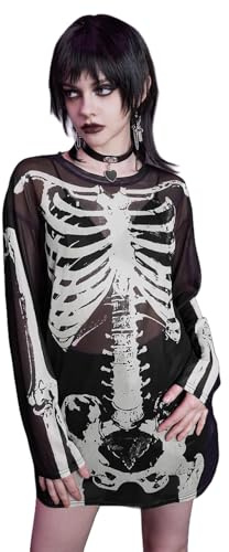JasmyGirls Sexy Halloween Costume Woman See Through Mesh Skeleton Shirts Sheer Tops for Women Metal Concert Outfits Transparent Blouse