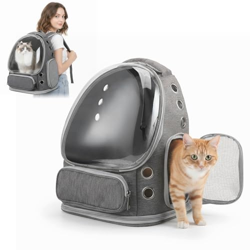 Katzenrucksack Bubble Transparent, Haustier Rucksack mit Netzfenster - Tragbarer & Faltbarer Hundetransporter bis 5kg, Atmungsaktiv & Leicht für Katze, Kleine Hunde, Tierarzt, Reise (Grau, 42x34x27cm)