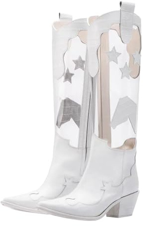 Generisch Bottes d'hiver pour femme - Bottes en cuir - Grande taille - Talon bloc creux - Antidérapantes - Bottes mi-mollets larges avec talon, Blanc., 35 EU