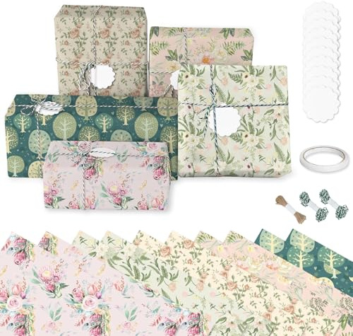 10 Feuilles de Papier Cadeau d'Anniversaire pour Femmes et Filles, Papier Cadeau à Motif Floral,Papier d'Emballage Cadeau avec Corde de Chanvre et Étiiquette en Papier Kraft