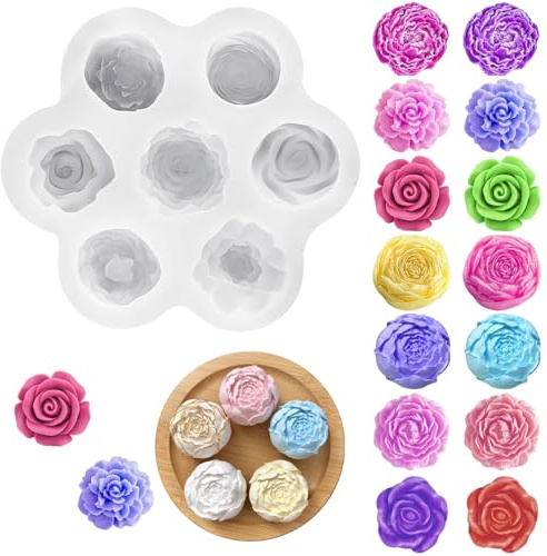 3D silikonform blommor, 7-faldig blomform, fondantform med ros och pionmotiv, gör-det-själv blommor ljusform silikon för tvål, fondant, choklad, epoxiharts – mini silikonformar för kakdekoration